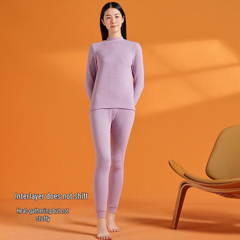 Ersun Women's 100% Cotton 3-Layer Mock Neck Thermal Underwear Set