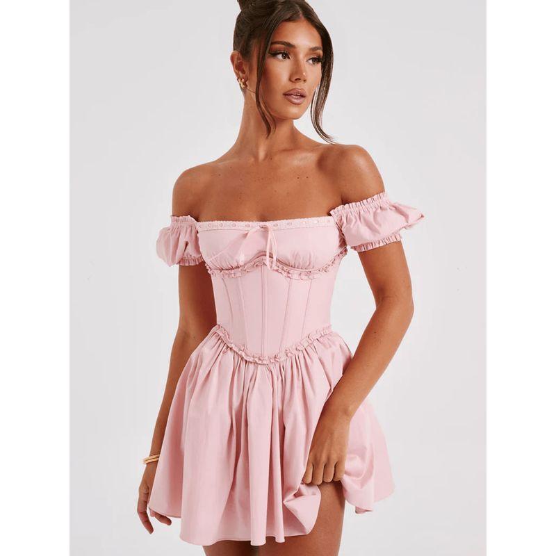 Babyboo French Style Young Adult Ballet Style Pure Desire Sweet off-Shoulder Puff Sleeves Shoelace Waist Short Dress
