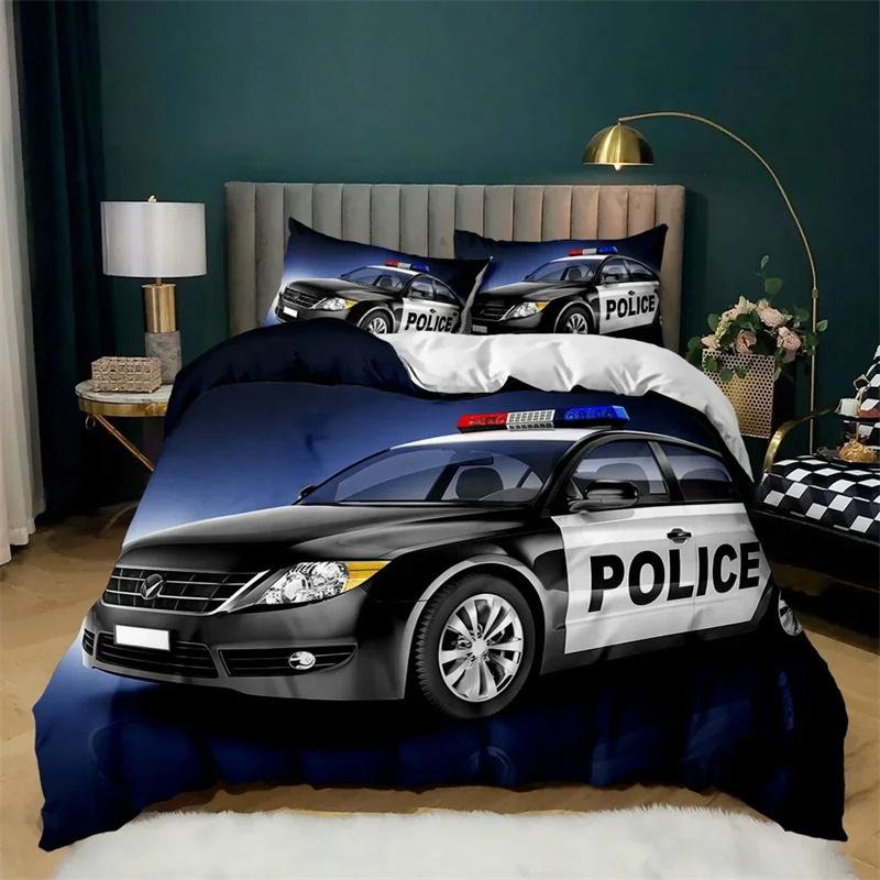 Auto Bettbezug Schwarz Polizist Auto Einzelbettwäsche Set Cartoon Fahrzeug Bettdecke Rot Polizistenlichter Polyester Steppdecke