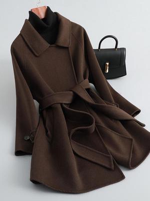 Women's Double-Sided Cashmere Slim Fit Wool Coat - Petite Short Style, Solid Color for 2025 Autumn/Winter.