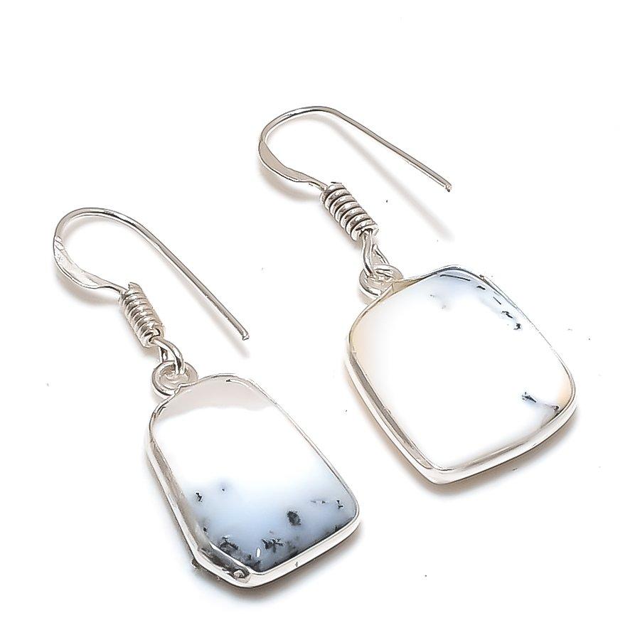 Natural Dendrite Opal Gemstone 925 Sterling Silver Jewelry Earring 1.38" AE-12397