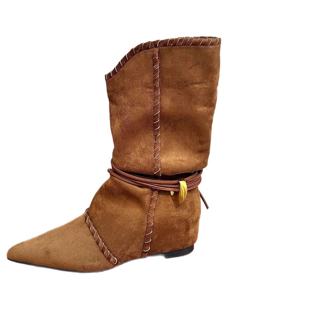 Leather version inner height increase western cowboy boots women's autumn and winter new stacking boots lace up and look thin but knee boots