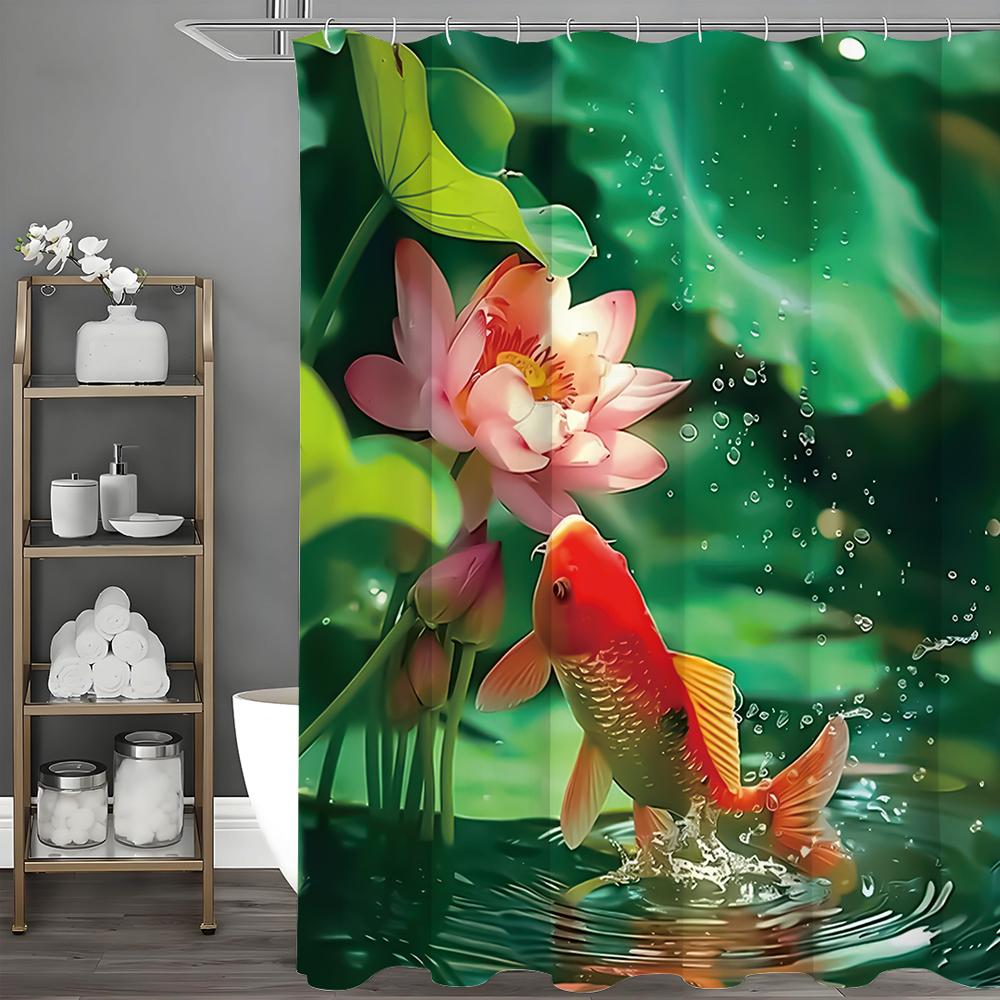 Summer Lotus Leaf Red Carp Shower Curtain, Bathroom Decorative Shower Curtain, Waterproof Shower Curtain with Hooks