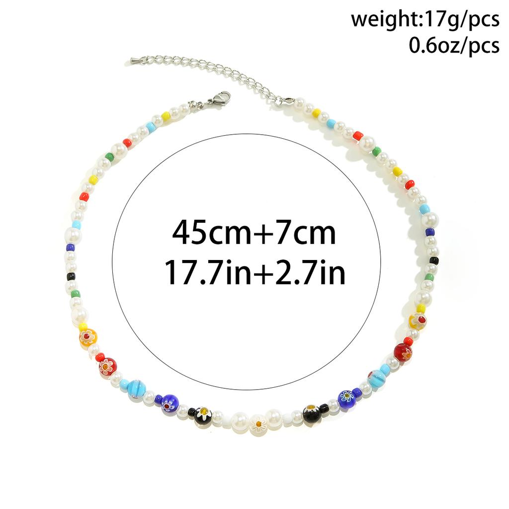 Salircon Trend Y2K Colorful Flower Pattern Acrylic Bead Necklace Charm Imitation Pearl Seed Bead Chain Choker Men Casual Jewelry