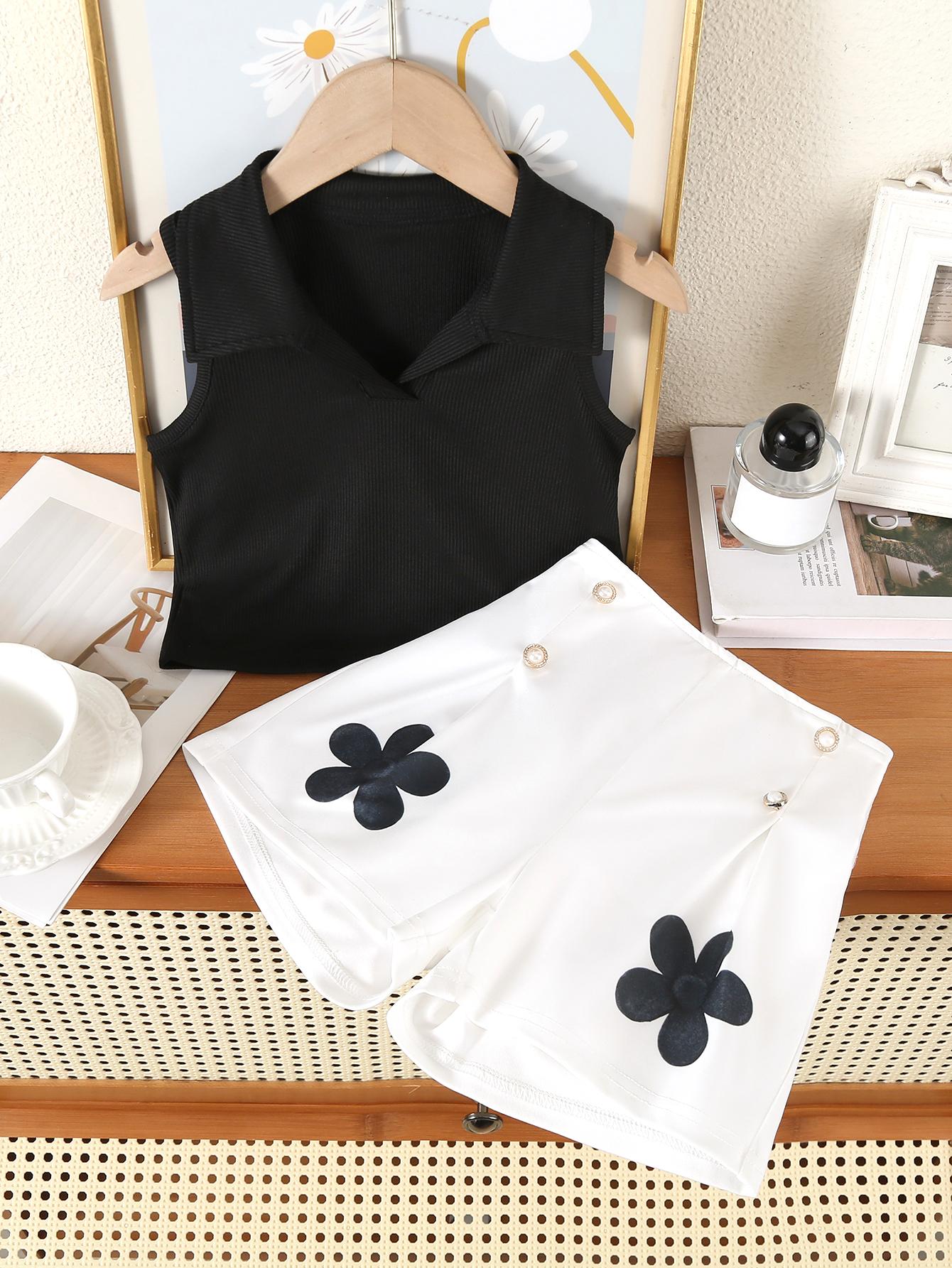 

Girls Two-Piece Casual Set: Small V-Neck Collared Vest Top and Stylish, Chic Shorts with Pearl Buttons and Pleated Floral Print 7Y чорний