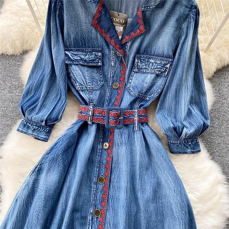 Retro džínové šaty Dámské s dlouhým rukávem Design Pas Košilové šaty Knoflík Vysoký pas Šaty