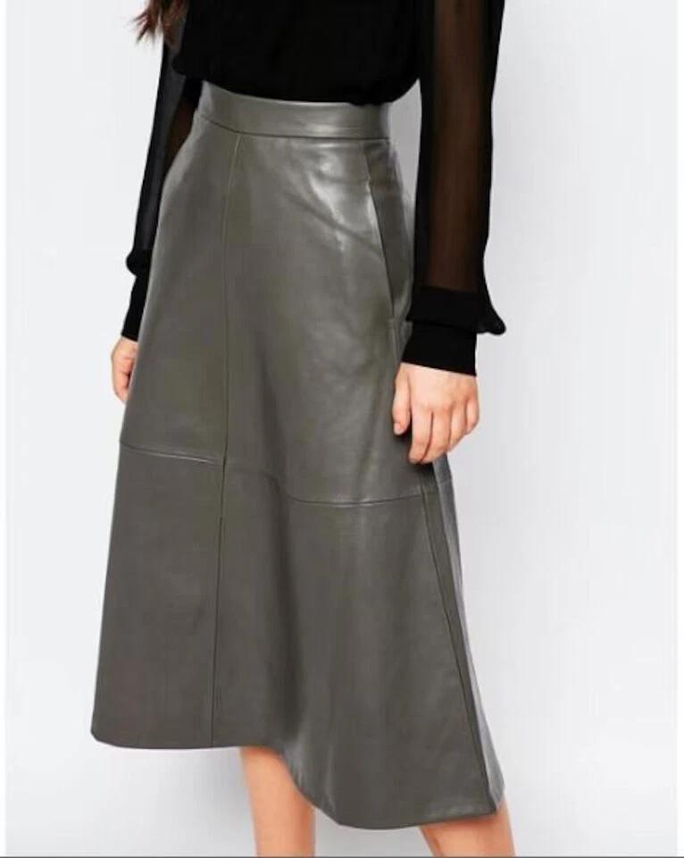 Women's Skirt Stylish Gray Leather Handmade Original Lambskin Formal Wear Soft
