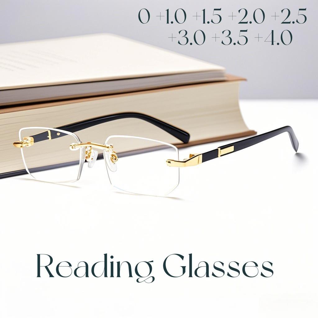 New European And American Business Frameless Reading Glasses For Men And Women Uv400 Square Metal Small Frame Presbyopia Glasses