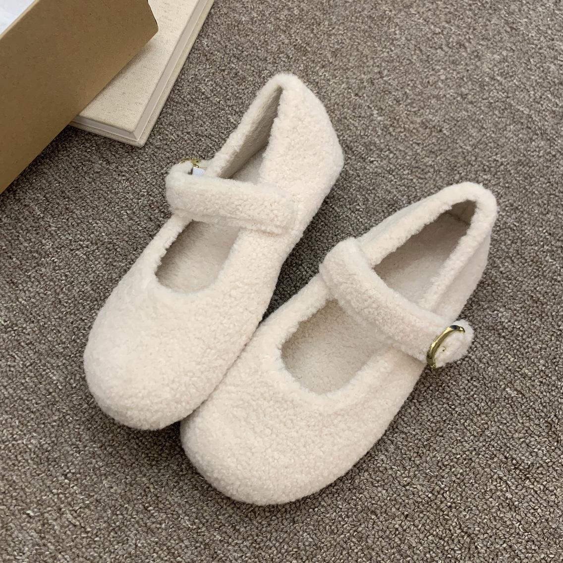 

Gray Mary Jane fluffy shoes for women in winter, single shoes for women, flat-bottomed velvet thermal cotton shoes 40