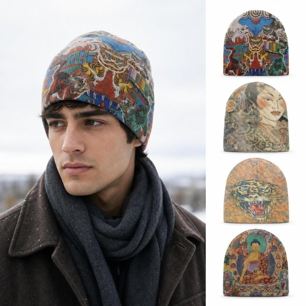 Warm Knit Brimless Skull Cap Elastic Graphic Knit Beanie Vintage Printed Beanie Hat  Outdoor Travel