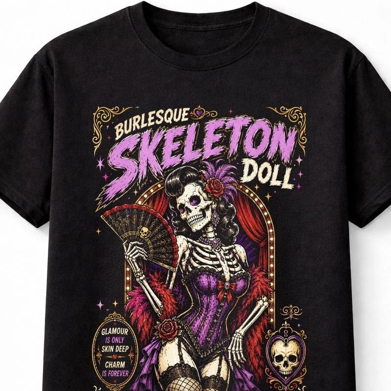Burlesque Skeleton Doll Gothic Pin Up Horror Graphic Unisex TShirt S