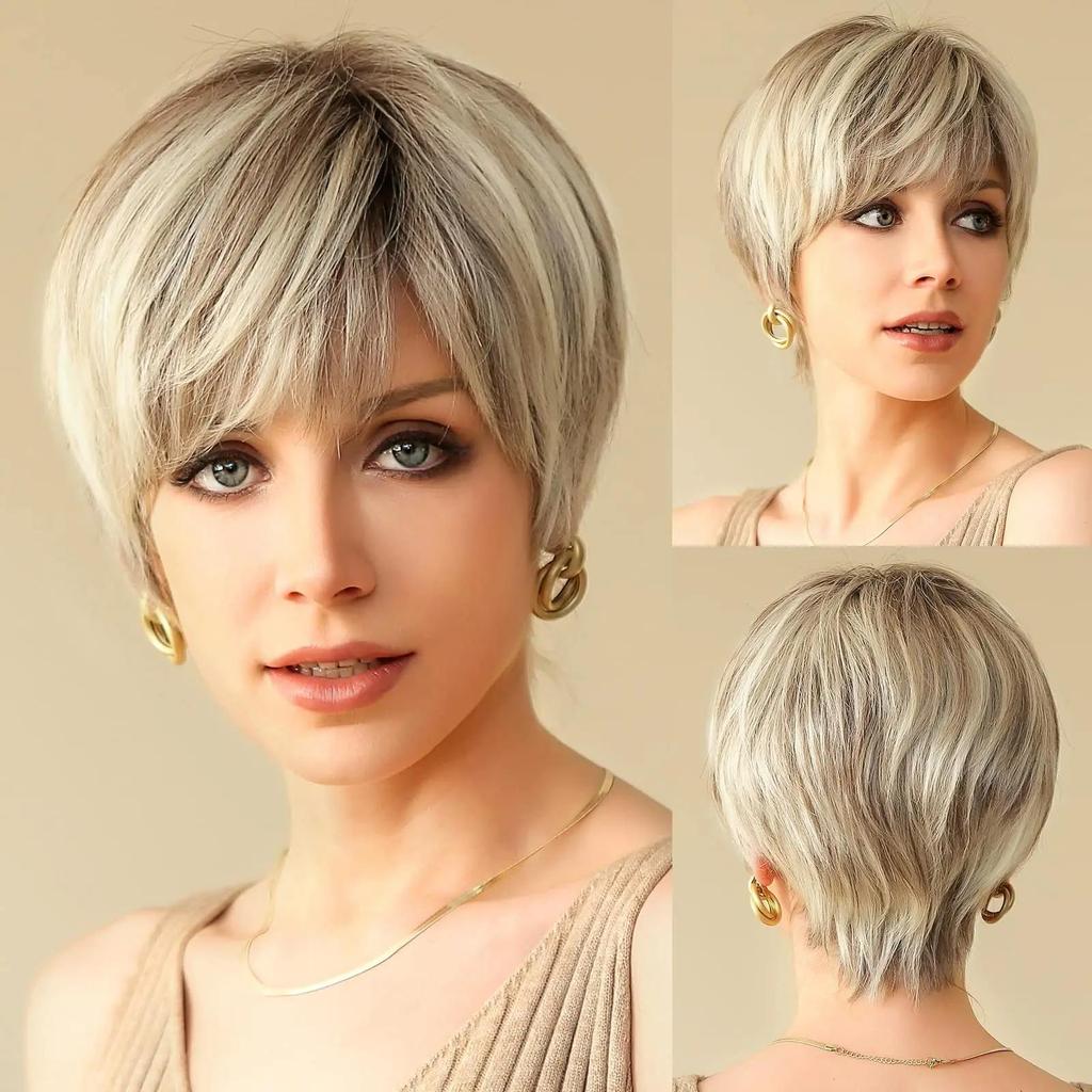 Haircube perucas dianteiras do laço ombre marrom remy cabelo humano cinza marrom pixie corte de cabelo com bang curto peruca reta para as mulheres bob peruca humana