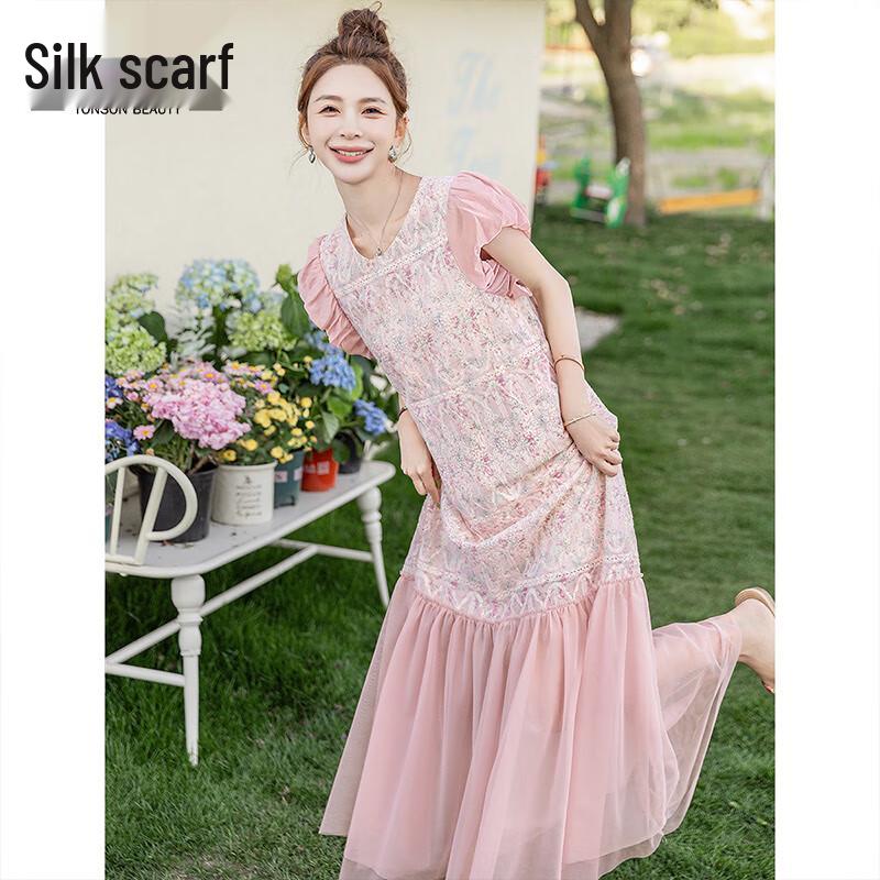 Women s Mesh Floral Puff Sleeve A-line Dress M