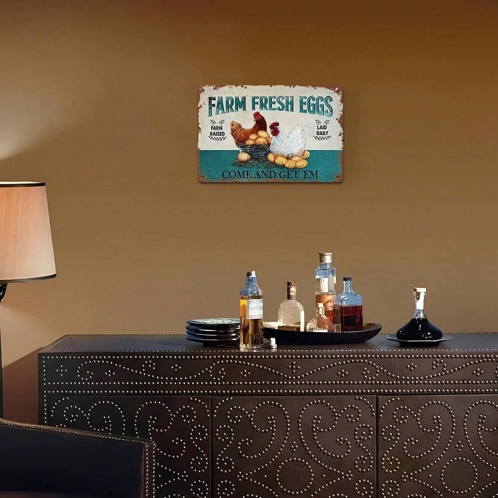 Vintage Blaszany Znak Świeże Jajka z Farmy Sztuka Ścienna 8x12 Cali Dekoracja Kuchenna Tabliczka