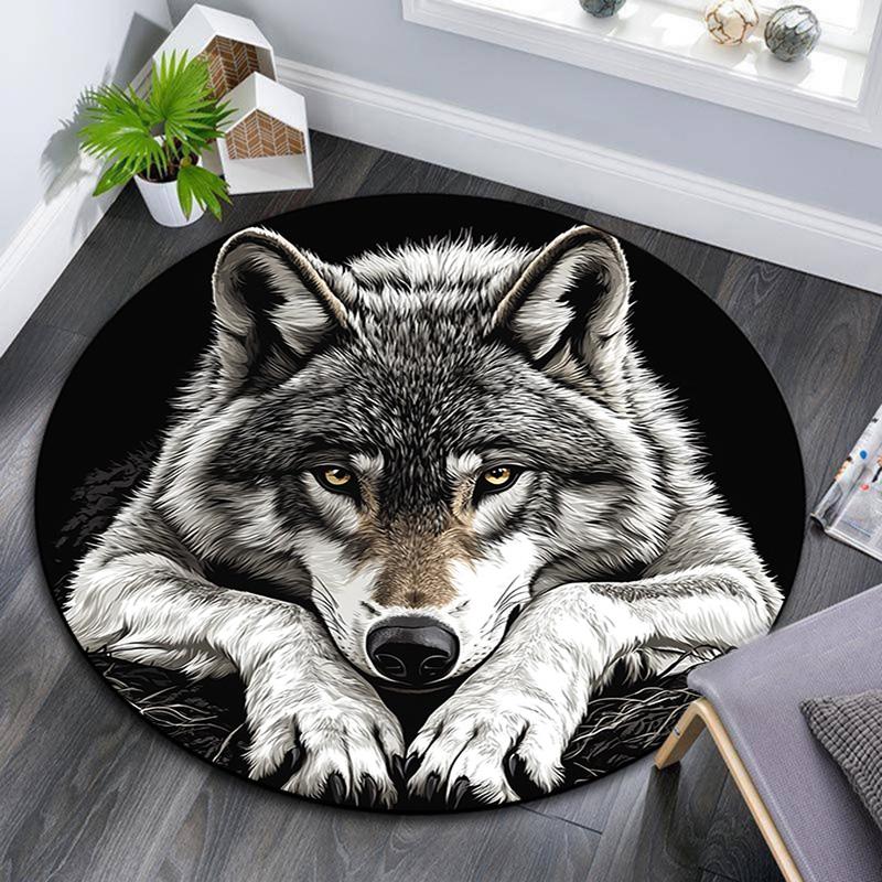 Gray Wolf Round Area Rug,Carpet Rug for Living Room Bedroom Sofa Playroom Decor,Non-slip Floor Mat