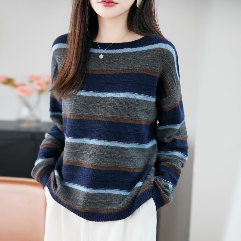 Women's Autumn/Winter Color Block Striped Knit Cardigan - Loose, Versatile, Age-Reducing Base Layer