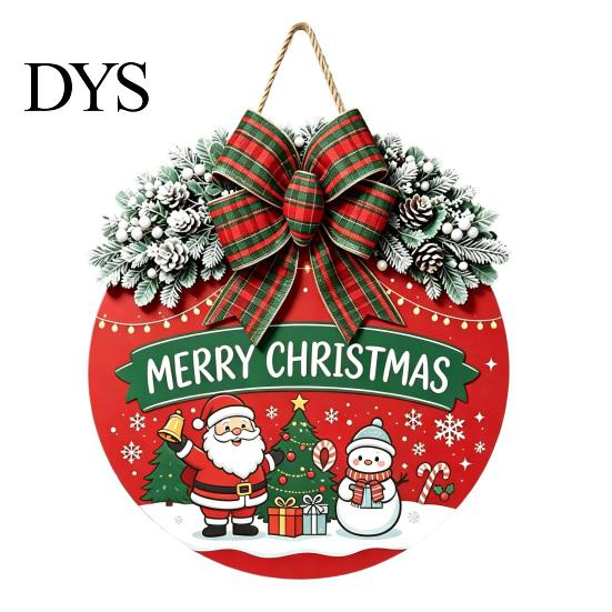 Winter Atmosphere Decor Christmas Wooden Welcome Sign for Front Door, Round Hanging Ornament with Santa Claus Snowman Art Artificial Pine Branches