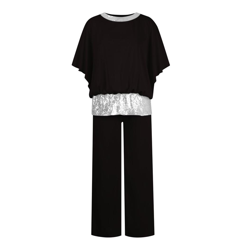Women's Fashion Color Round Neck Sequin Patchwork Short Sleeve Top Wide Leg Pants Set