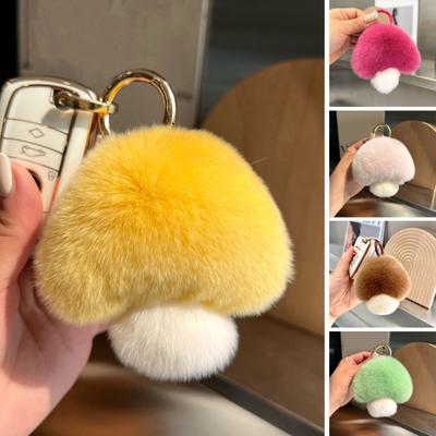 Plush Mushroom Keychain Fuzzy Faux Rabbit Fur Car Key Ring Holder DIY Keychain Pendant Decoration Backpack Ornament Birthday Gift