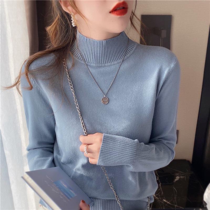Autumn and Winter Pullovers Sweaters Women Fashion Loose Half High Neck Base Women Knitted Sweater Tops Elegant Solid Simple Ladies Knit Jumper 25730