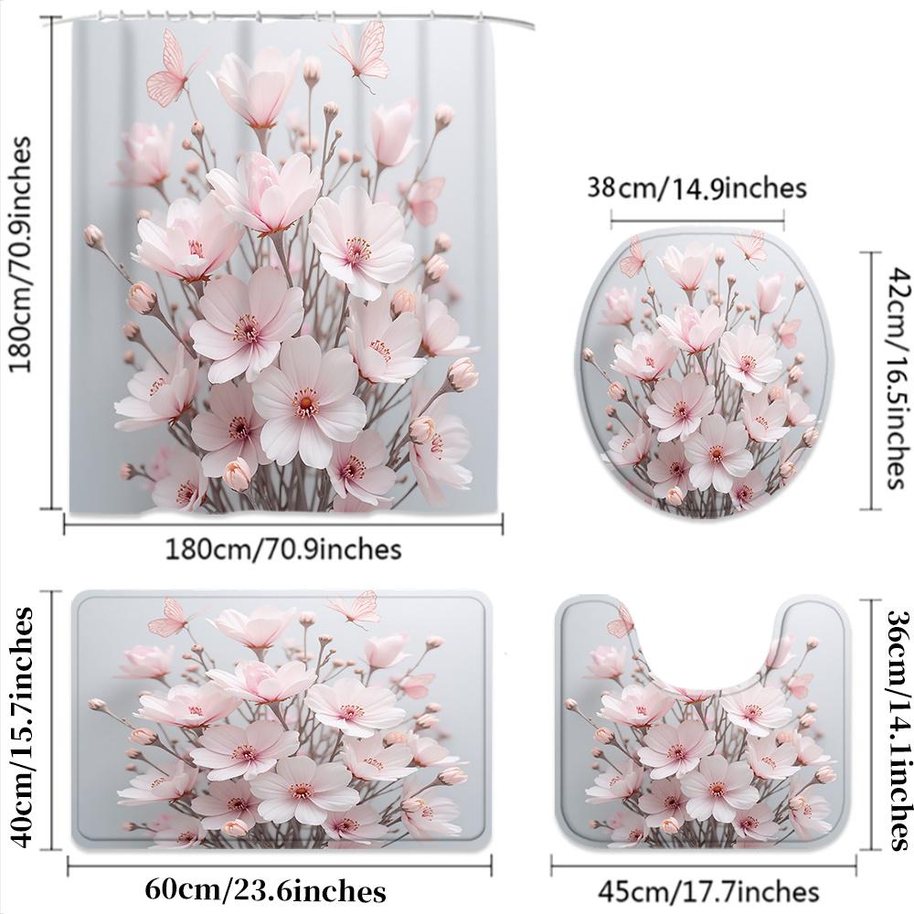 4Pcs Light Pink Cherry Shower Curtain Set with Non-Slip Bath Mat, Toilet Lid Cover, Contour Rug & 12 Hooks, Bathroom Decor