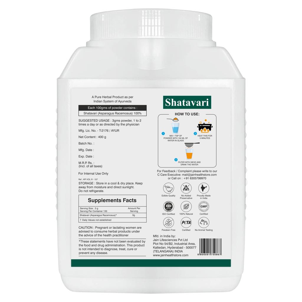 Polvo Orgánico de Shatavari Jain 400g | Suplemento Herbal Ayurvédico Puro para el Bienestar de la Mujer, Salud Reproductiva, Equilibrio Menstrual, Fertilidad, La