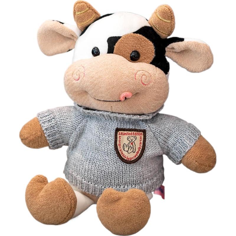 Peluche Mucca del Latte Kawaii Morbido Peluche di Bovino con Maglione Animale Carino Cuscino Decorazione per la Stanza Regalo di Compleanno per Bambini Ragazze