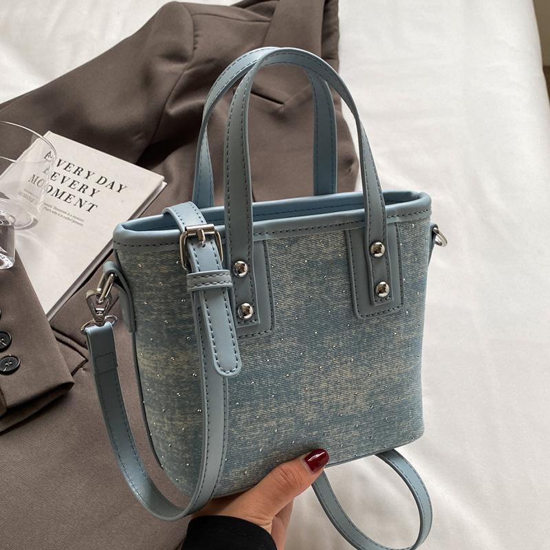Popular Niche Casual Contrasting Denim Portable Bucket Bag Commuting Versatile Personalized Texture Messenger Women's Bag