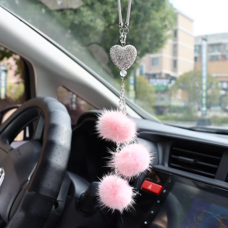 Bling Car Mirror Accessories for Women Men Love Heart and Pink Plush Ball Rinestones Car Accessories Car Rear View Mirror Charms