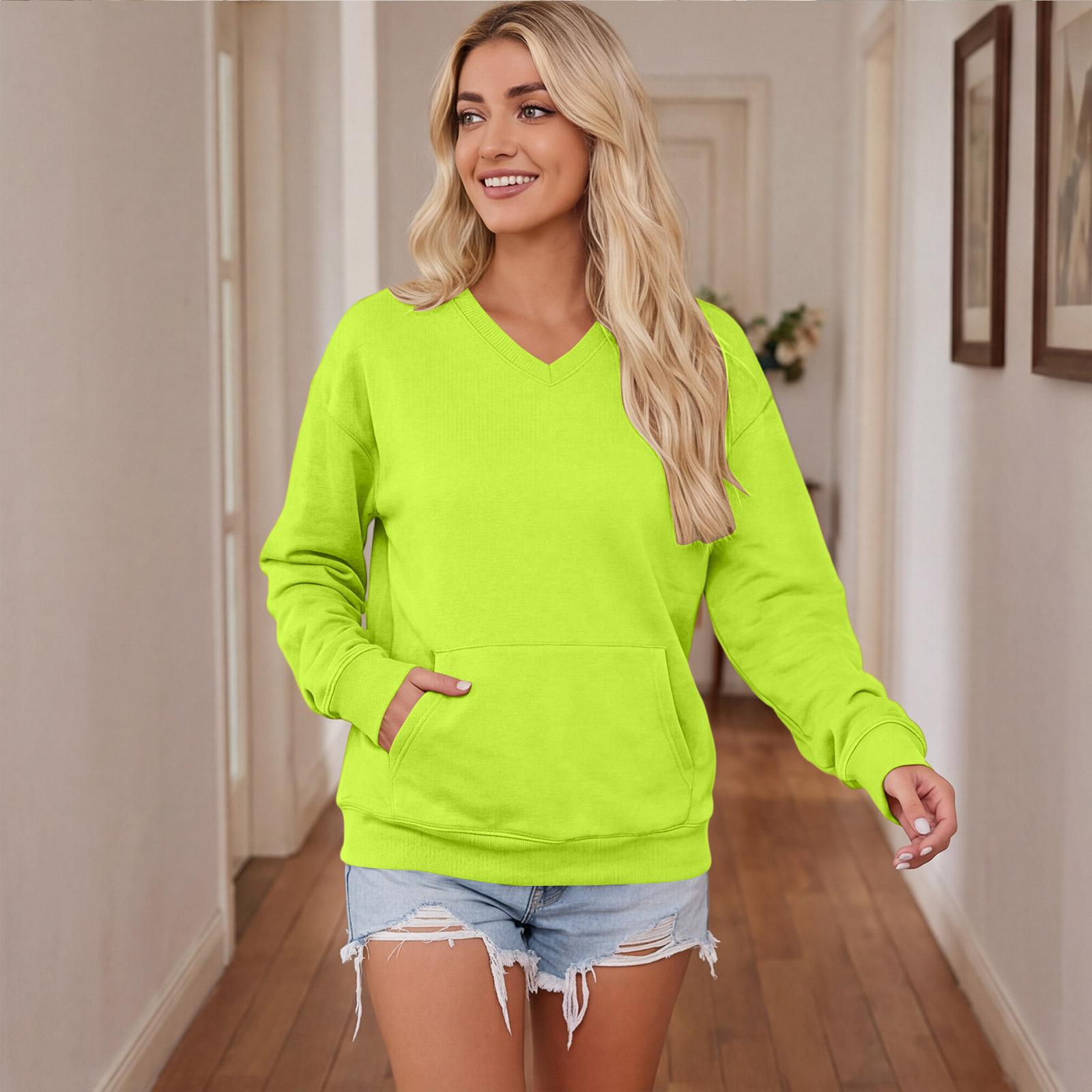 Women s V-Neck Long Sleeve Loose Fit Pullover Sweatshirt with Pocket S