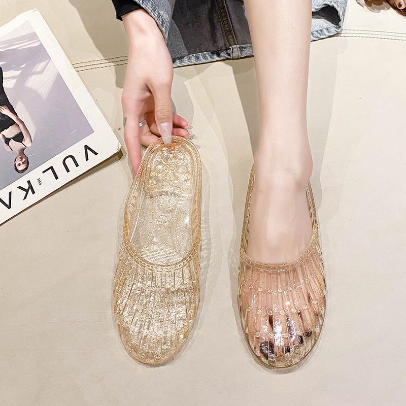 Women's Cross-Strap Closed-Toe Crystal Jelly Mules - Non-Slip, Hollow, Flat Outdoor Summer Sandals