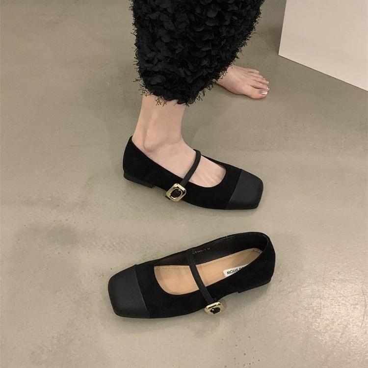Square Head Shallow Mouth Single Shoes Women's Spring New Temperament Flat Bottom Mary Jane Shoes Women