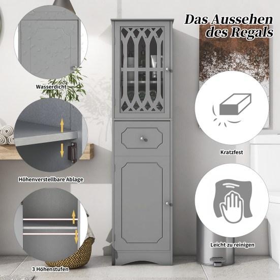 Bathroom Cabinet with Drawer Dual Doors 2 Compartments Adjustable Shelf Hollow Modern Freestanding Tall Floor Narrow Storage Cabinet