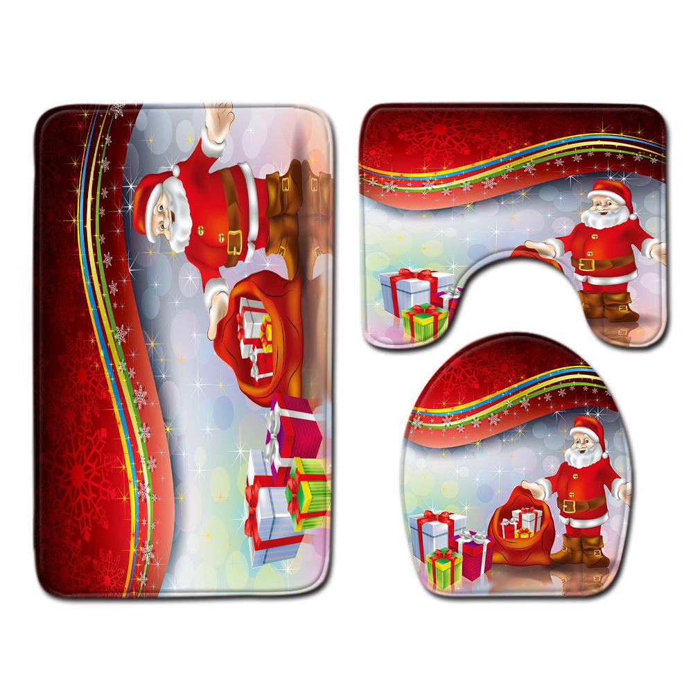 Christmas Home Door Mat Bathroom Toilet Shower Curtain Four-Piece Floor Mat Bedroom Absorbent Carpet