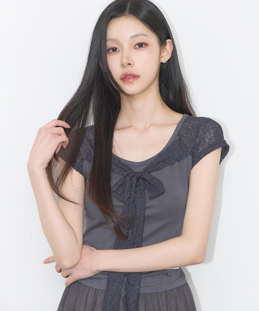 ILLIGO Lace Ribbon Contrast T-Shirt Charcoal