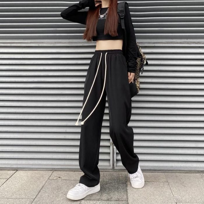 

New Summer Draped Casual Pants for Women Black Versatile Drawstring Straight Trousers Loose Wide-leg Pants XXL