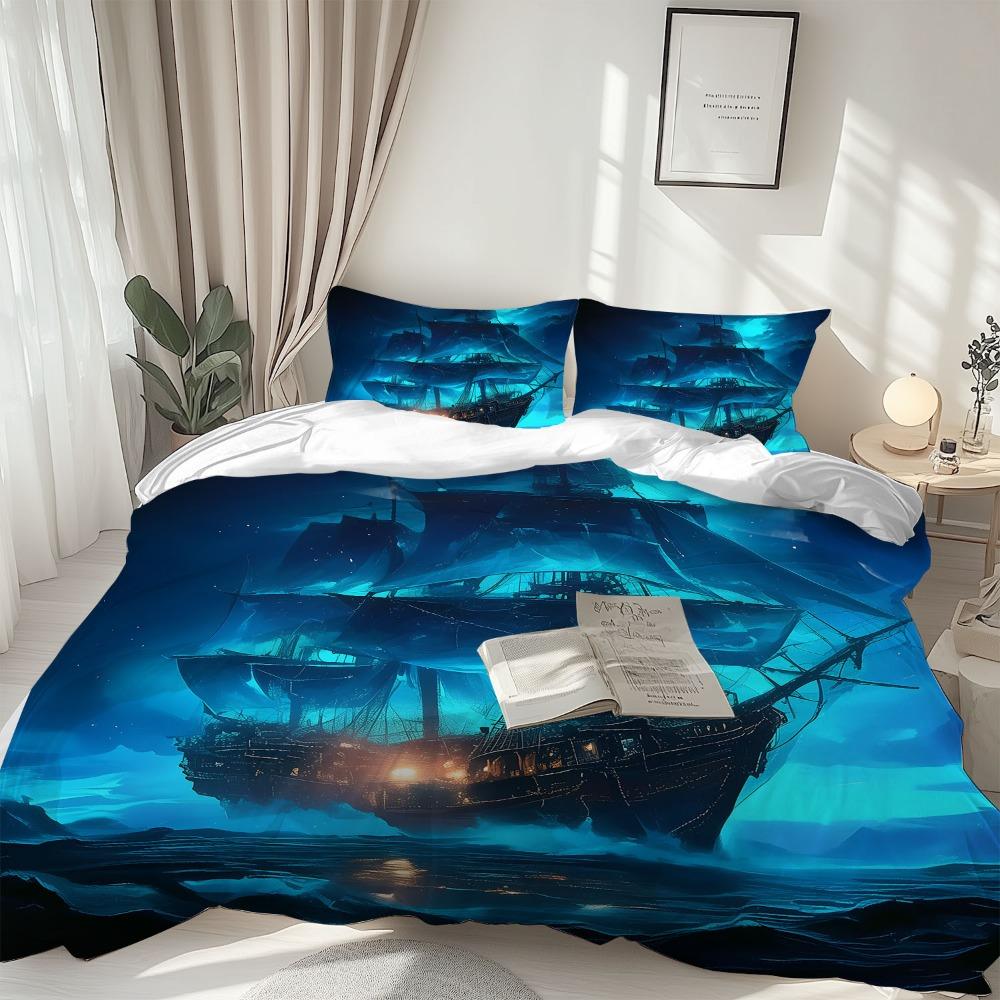 3pcs Blue Bedding Set Ocean Mist Ghost Ship Printed Cozy Duvet Cover Set King Queen Twin Single Size Birthday Gift Bedroom Decor