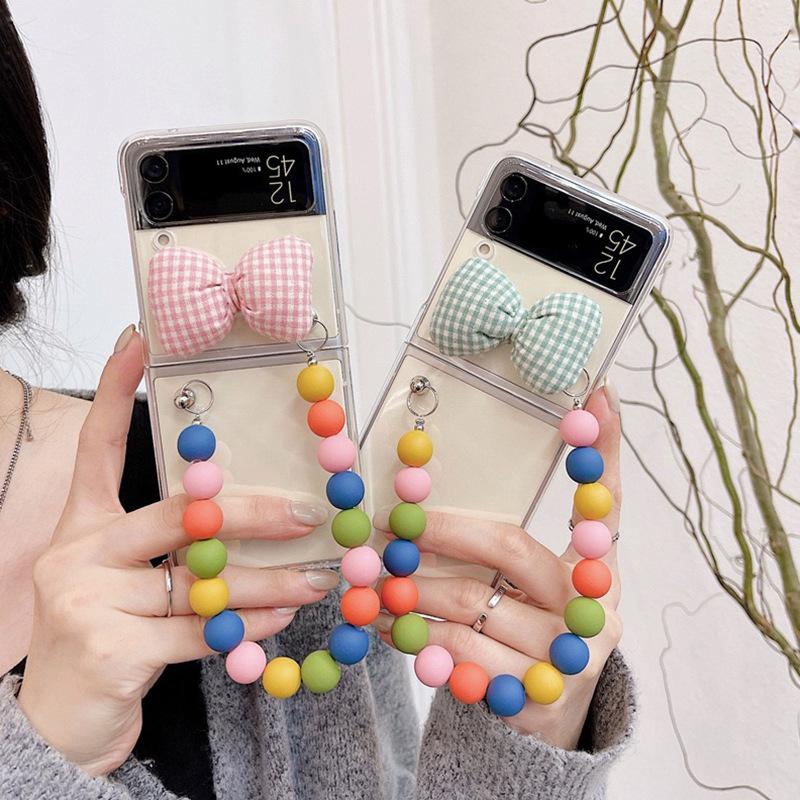 Suitable For Zflip7 Samsung Folding Flip Phone Case Bracelet Plaid Cloth Bow Transparent Protective Case Women'S