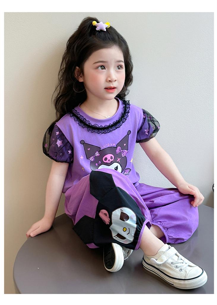 Girls' Kuromi Set Summer 2026 New Children's Lace Short Sleeve Summer Set for Girls' Baby Casual Two Piece Set