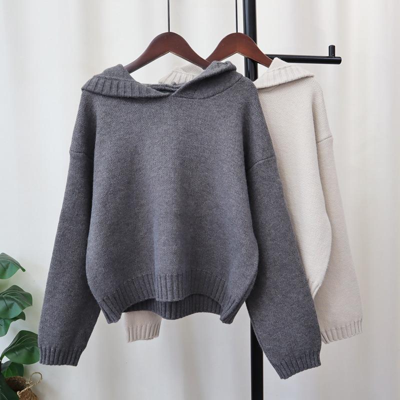 Thickened Hooded Knitted Sweater Top Autumn and Winter New Simple Style Solid Color Loose and Thin Sweater Pullover Woman