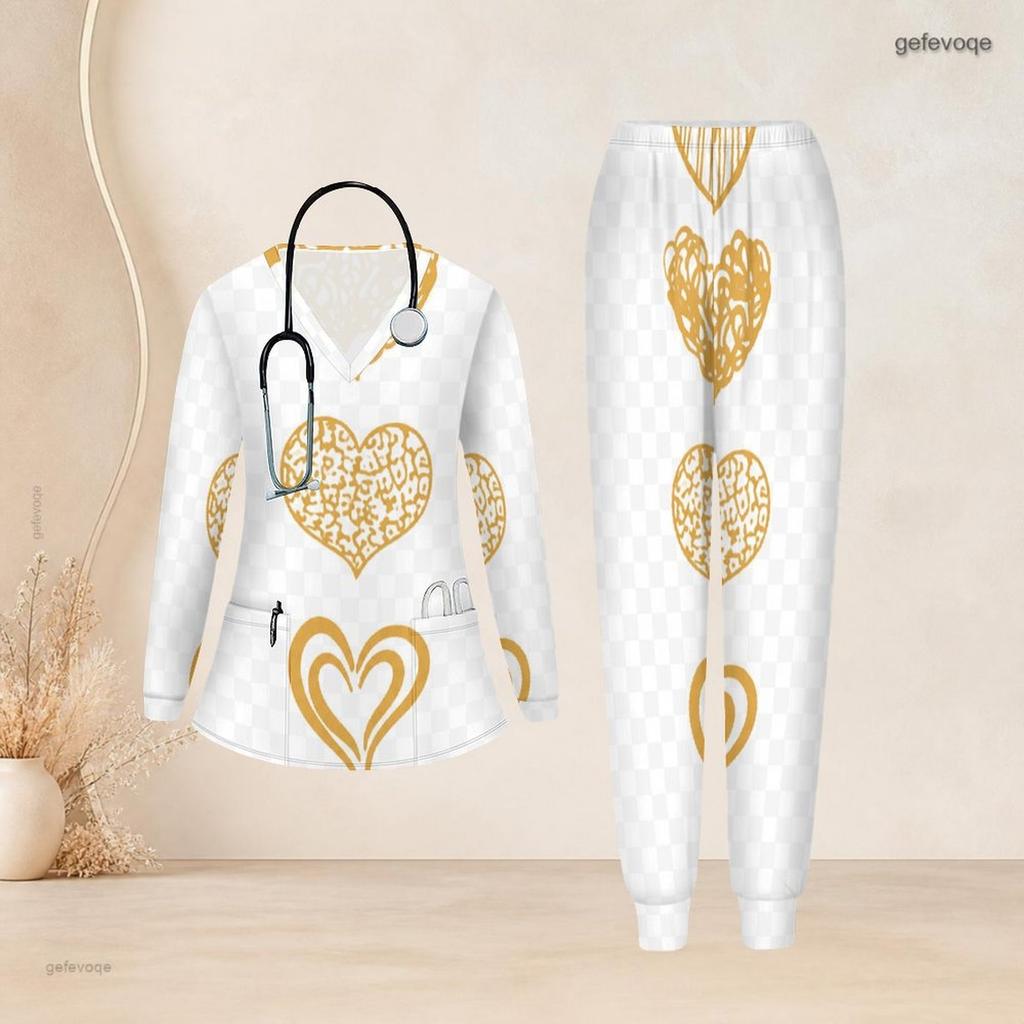 Conjunto de Uniforme de Enfermera para Mujer Tallas Grandes Cuello en V Manga Larga Estampado Patriótico Águila Calva Vintage