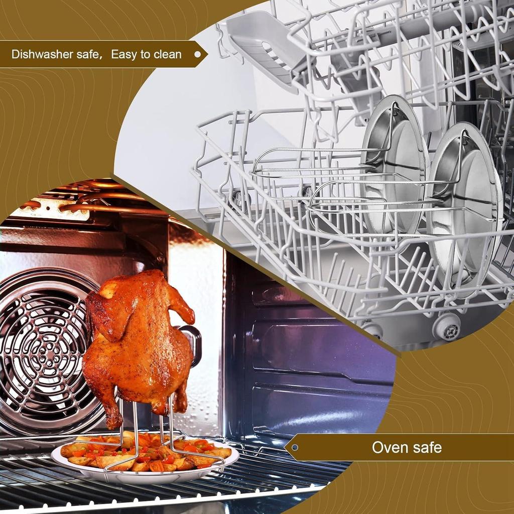 silver Stainless Steel Chicken Roaster with Oil Tray, Turkey Roaster Stand, Vertical Chicken Roaster for Kitchen BBQ, Stainless Steel BBQ Chicken