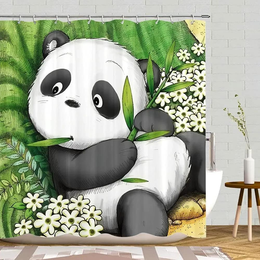 Panda Bamboo Shower Curtain, Cartoon Funny Cute Blue Sky Rainbow Kids Bamboo Forest Animals Birds, Bathroom Decorative Fabrics