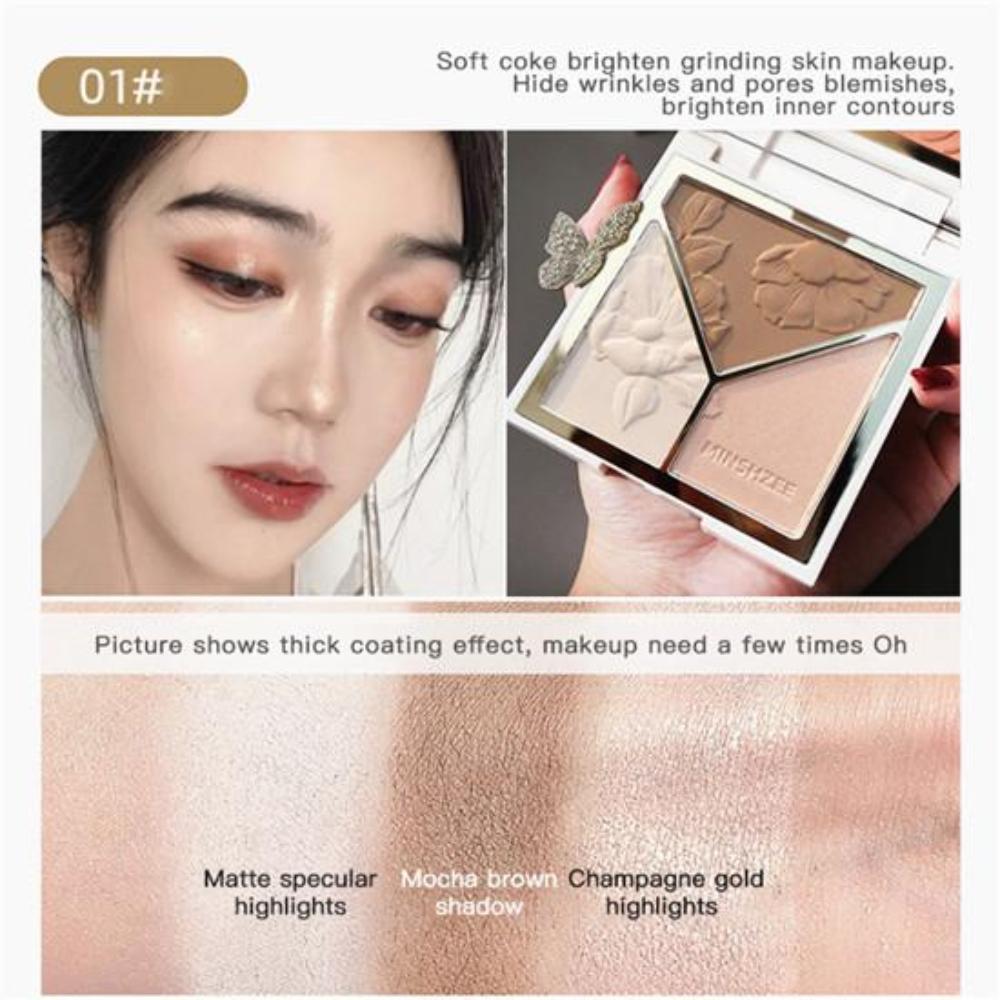 3 In 1 Highlighter Poederpalet Gezicht Hoogglans Shimmer Poeder Highlighting Repair Disk Flash Poeder Matte Neus Schaduw Blush