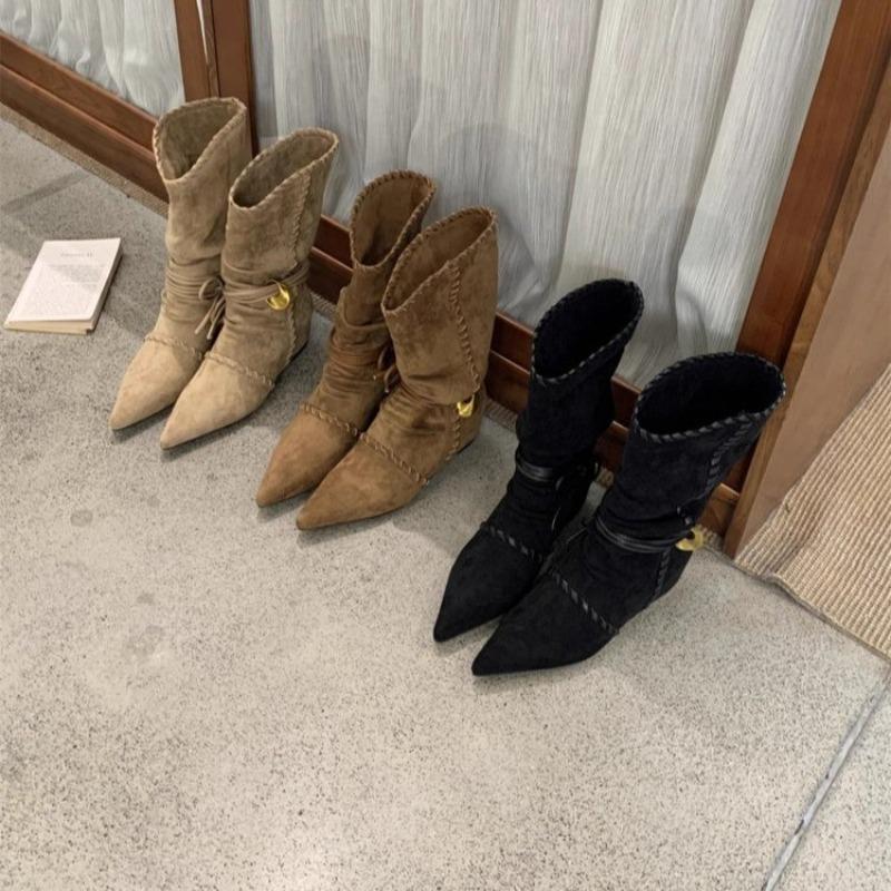 Sheepskin version~ retro niche suede string flanged thin heel cat and western cowboy boots women's short boots thin boots