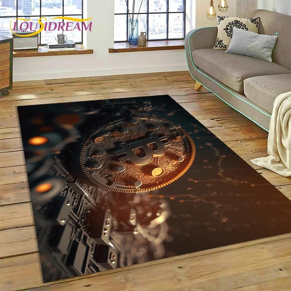 Bitcoin 3D Virtuální měna NFT Oblastní koberec Koberec pro ložnici Obývací pokoj Domácí dekorace pohovky, Dětská hra Velká dekorace Podlahová rohož