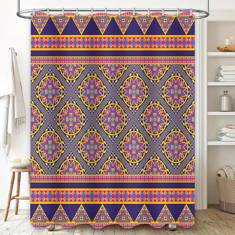 Vibrant Bohemian Shower Curtain with Geometric Patterns for Bathroom Decor Purple Pink Blue Yellow Orange Floral Design Bath Rug