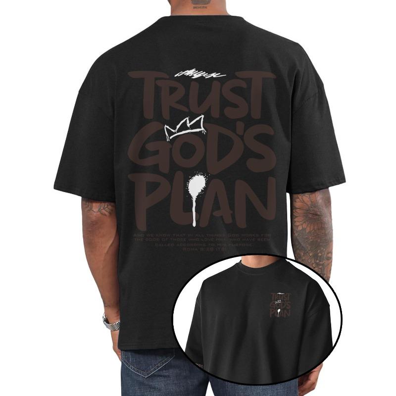 

European sizes Men s T-Shirt, Stylish Loose Fit Round Neck with Trust God s Plan Print, Lightweight & Breathable, Summer Casual Tee 4XL чорний