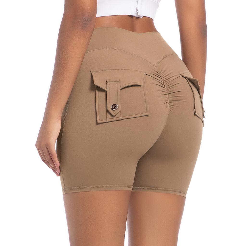 New Peach Hip Workwear Tight Shorts For Women, High Waisted Elastic Hip Lifting Button Yoga Pants, Quick Drying Running And Fitness Pants