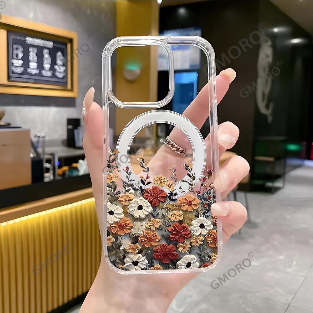 Retro floral MagSafe magnetic transparent mobile phone case iPhone15 anti-drop hard case protective case Apple 17Pro
